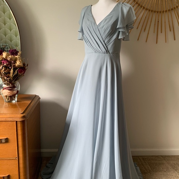 Dusty Blue Long Flutter Sleeve Dress - Picture 4 of 12